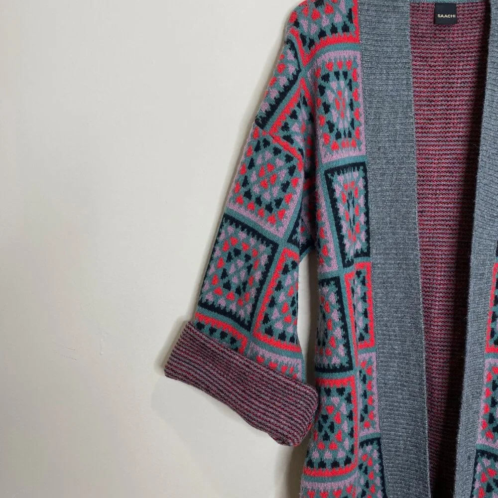 Saachi Square Patch Open Front LOng Kimono Cardigan *Grey* One Size - Picture 8 of 13